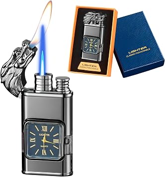 Torch Lighter, Magic Dual Flame Dragon Lighter with Portable Size, Windproof Lighter with Visible Fuel Tank, Adjustable Flame Refillable Butane Lighter for Men Friends Gifts Without Butane- Black-d