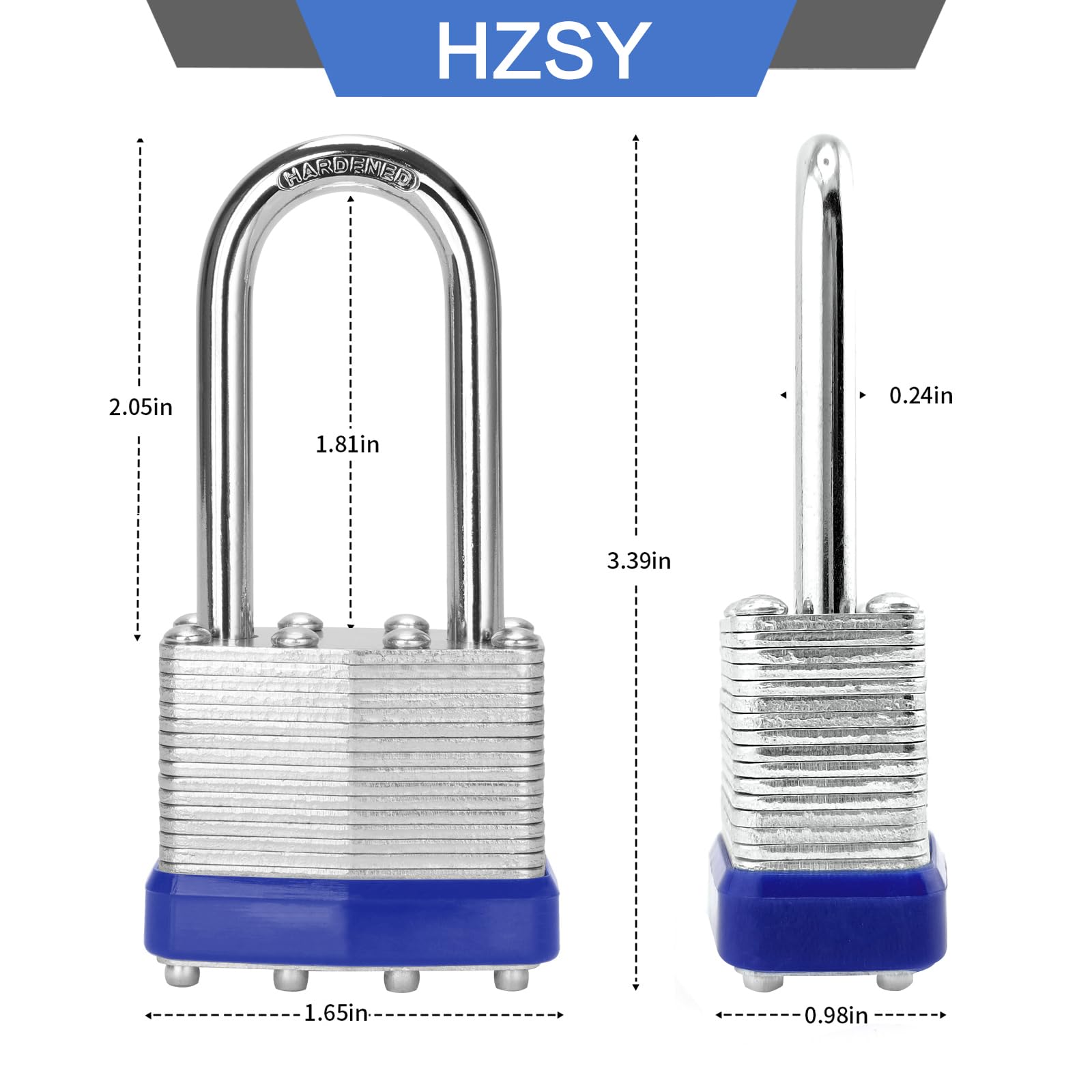 Candados de acero laminado con llave igual, (40 mm) de ancho, paquete de 24 candados de grillete largo, aro azul, para taquilla de gimnasio y unidad de almacenamiento o más