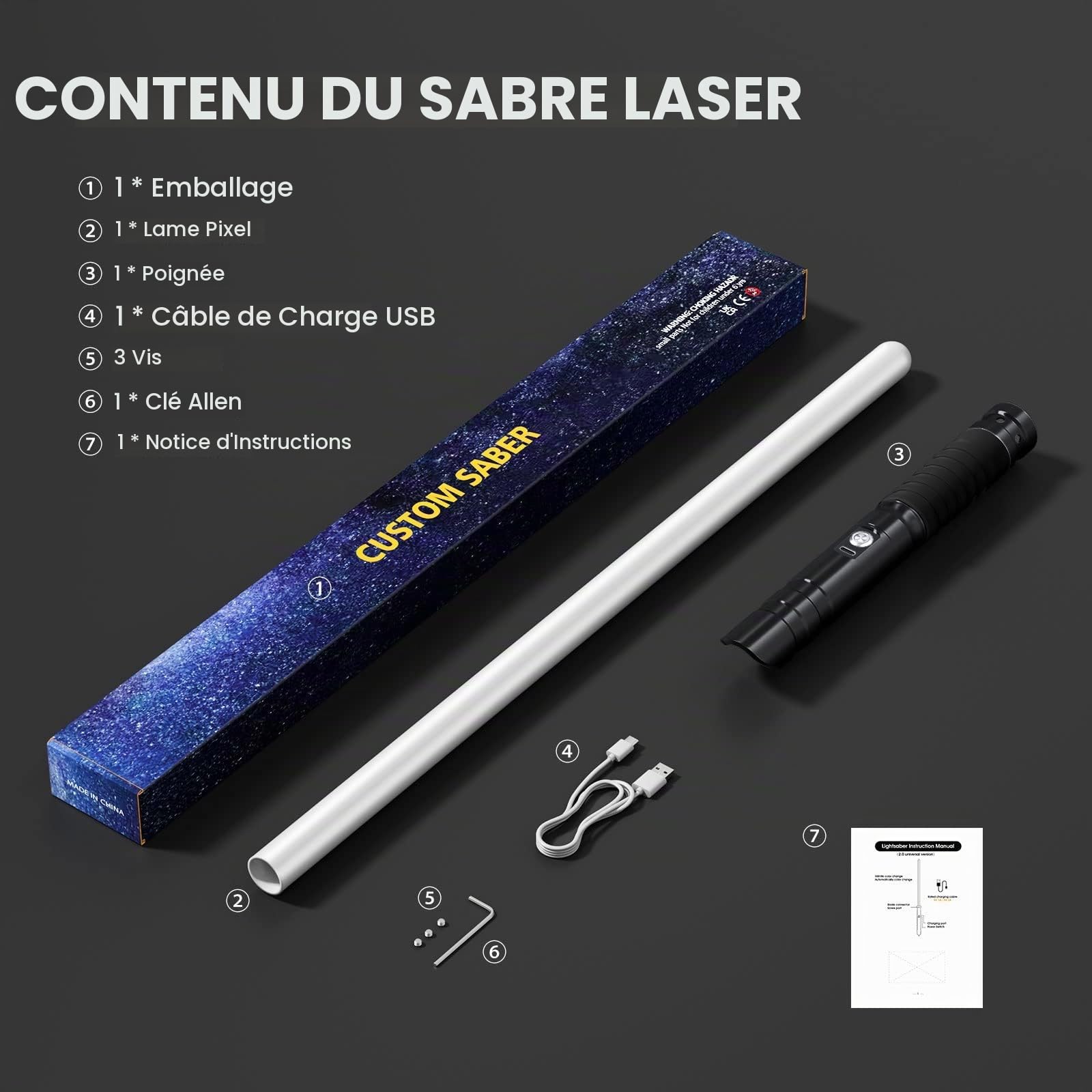 Sabre Laser RGB Duel Lightsaber 15 Couleurs 12 Soundfonts de Combat Simulés,Cadeaux de Noël & Jedi Knight Cosplay丨Chargement USB Noir