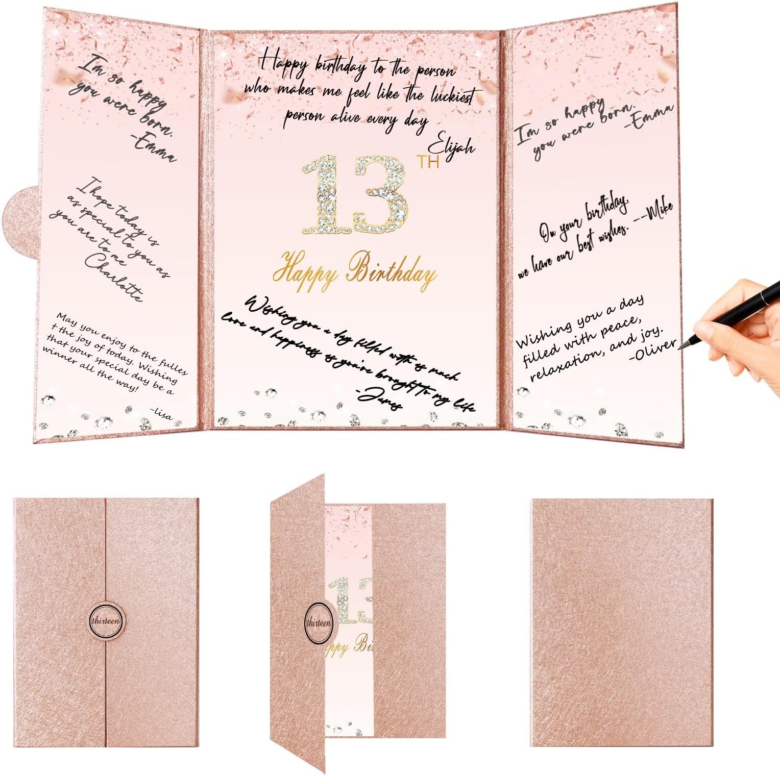 Crenics Rose Gold 13th Birthday Decorations, Creative 13th Birthday Guest Book Alternative, Large 13th Birthday Signature Book 12" x 18", Great 13 Years Old Birthday Gifts for Girls