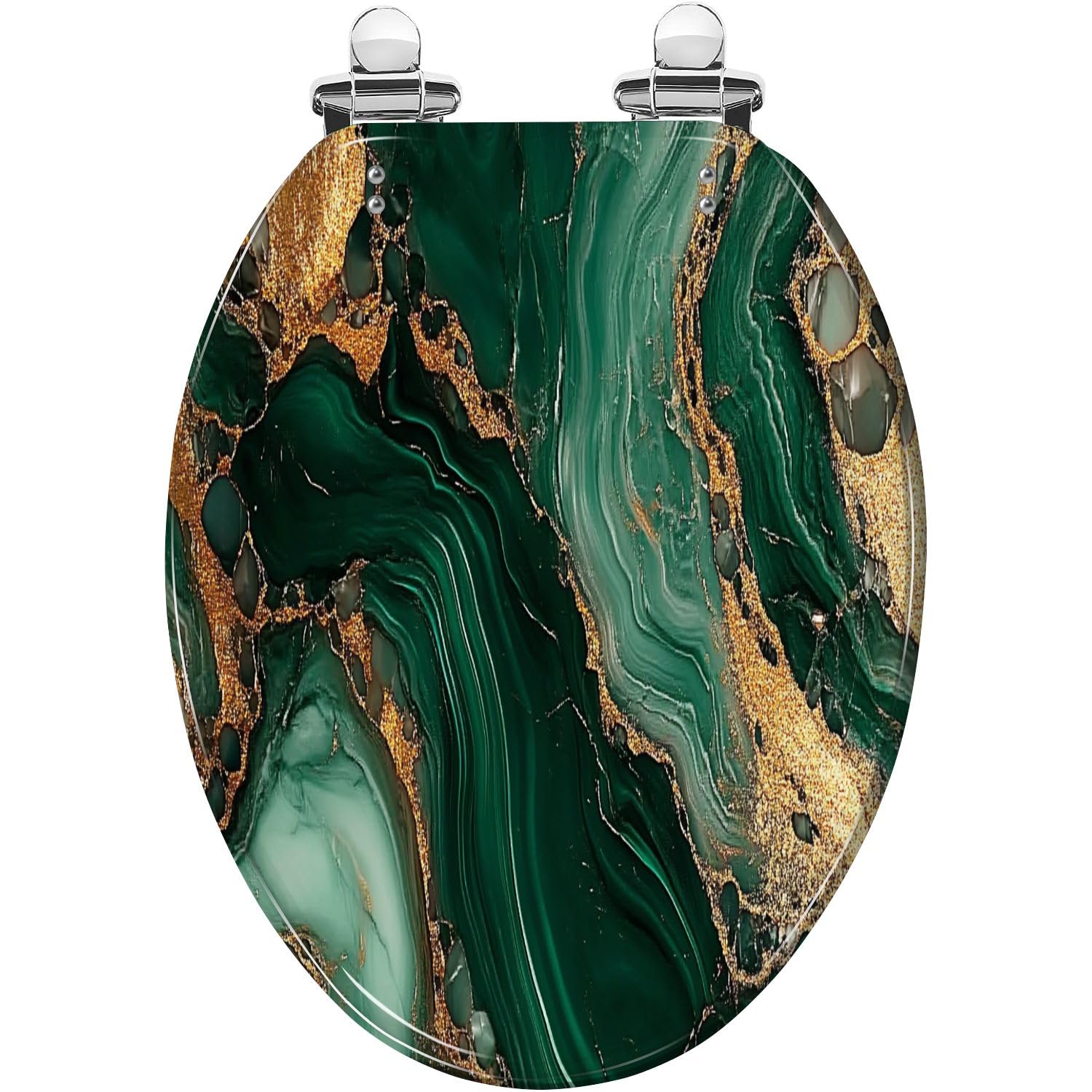 Tazyyzuu Multi3 Luxury Green Gold Marble Elongated Toilet Seat 3D Resin Slow Close Lid Quick-Release Hinges Easy Clean(,18.5X14.5)