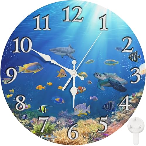 Miniatura 8 de Britimes Reloj de pared, cuadrado, silencioso, sin tictac, funciona con pilas, 12 pulgadas, arrecife de coral submarino, peces tropicales,