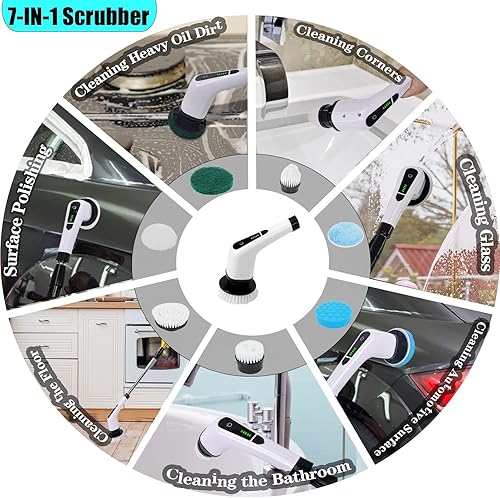 Miniatura 6 de Limpiador eléctrico giratorio, limpiador de ducha inalámbrico para limpieza con 7 cabezales de cepillo de limpieza multiusos, limpiador de baño con