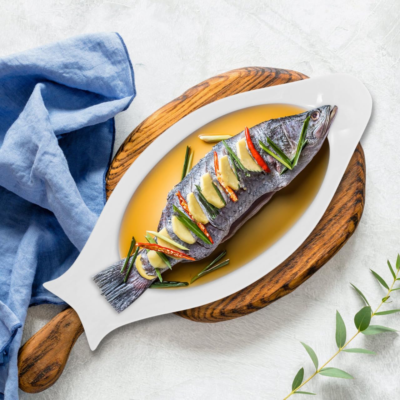 Hemoton Ceramic Fish Platter Oval Fish Plate White Oval Steamed Plate Food Serving Tray for Home Hotel Restaurant 40x19cm Shaped