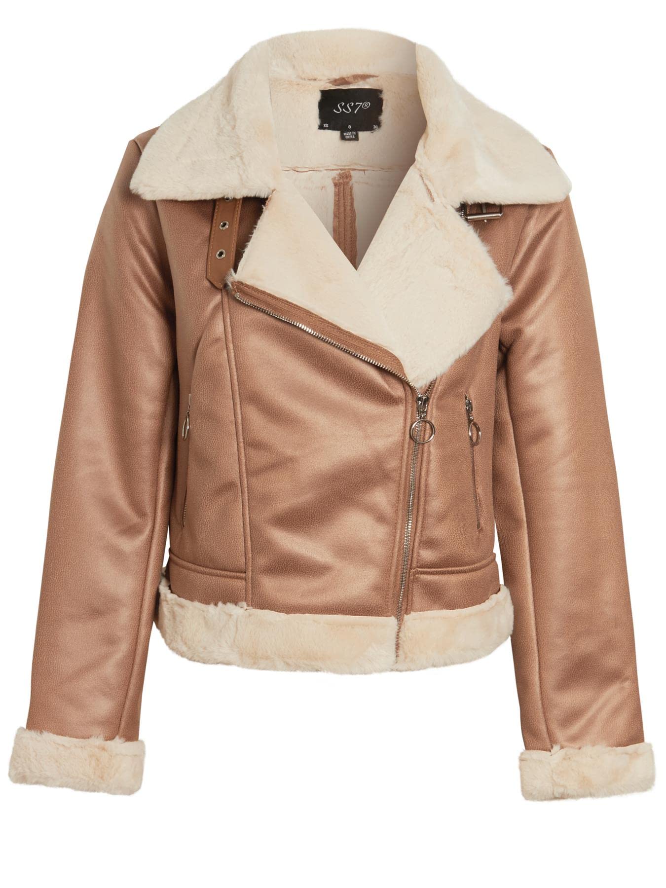 SS7 Womens Shearling Lined Aviator Jacket Faux Fur