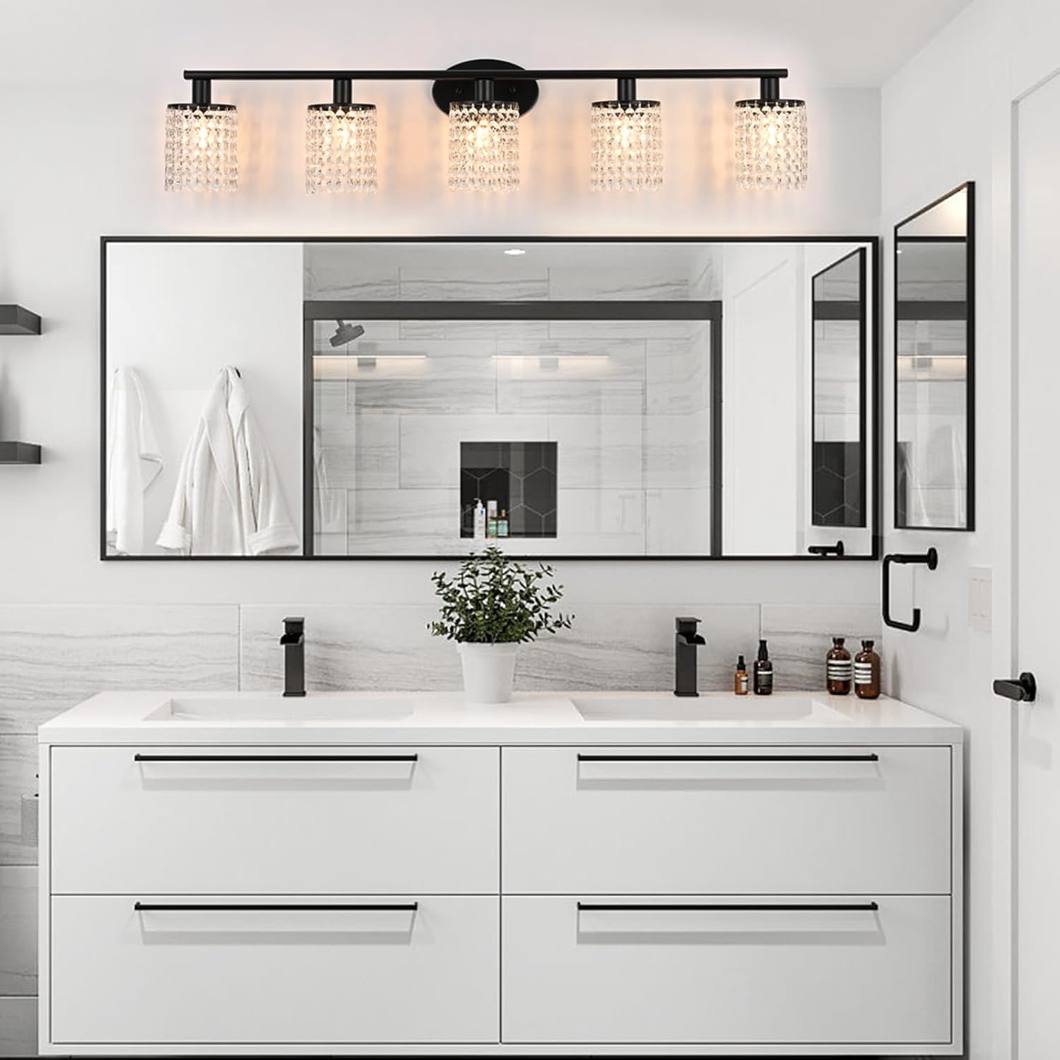 5-Light Bathroom Light Fixtures,Crystal Black Vanity Lights for Bathroom,Modern Bathroom Lights Over Mirror, Black Vanity Light Fixtures
