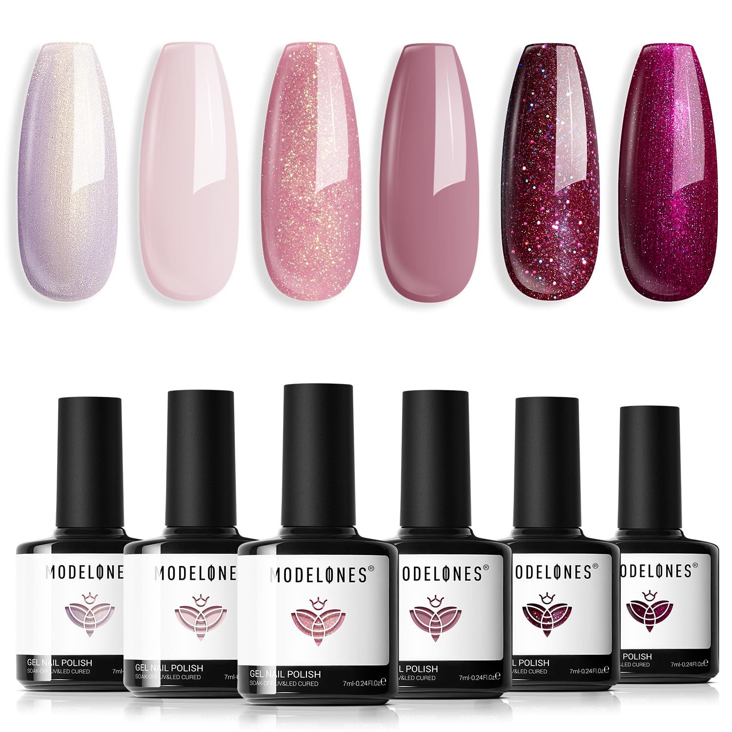 Modelones UV Nagellack 6 Farben Rosa Lila Glitzer Gel Nagellack UV Nageldesign Sets Soak Off Gel Nail Polish für Maniküre Nageldesign DIY zu Hause Geschenke