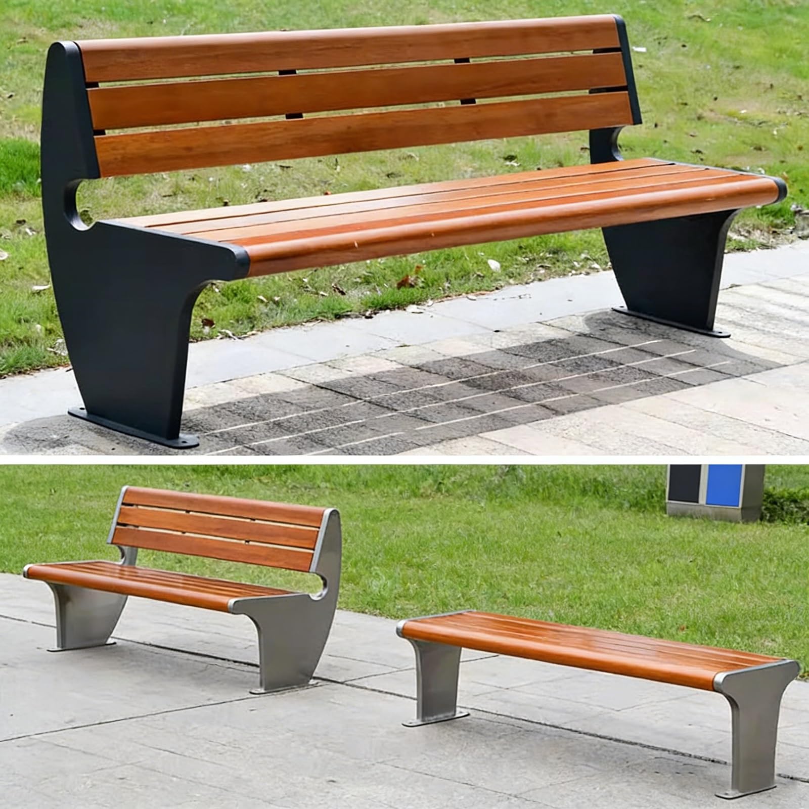 Ławka Parkowa ze Stali Nierdzewnej z Siedziskiem z Litego Drewna Ławka Ogrodowa 2-Osobowa Odporna na Warunki Atmosferyczne do Szpitali, Szkół, Place i Parków(150x60x80cm)