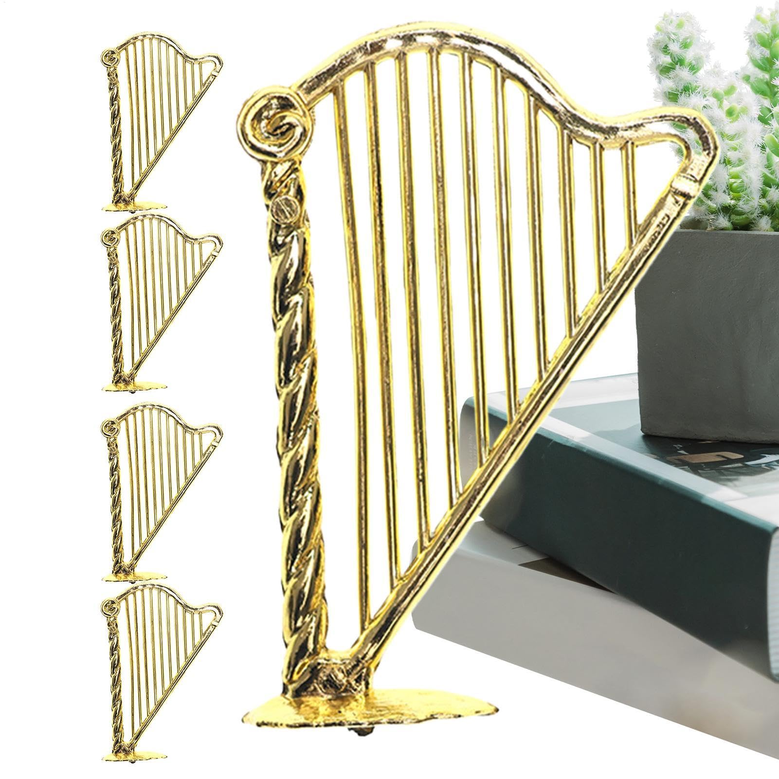Arpa de oro en miniatura,Arpa en miniatura - Juego de 5 adornos de escritorio con arpa pequeña,Instrumento musical, modelo de instrumento musical en miniatura 1:12, modelo de arpa para decoración de c