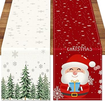 TOYPOPOR Set of 2 Christmas Table Runner, Including Linen Christmas Trees Table Runner, Merry Christmas Santa Claus Table Runner for Xmas Holiday Seasonal Winter Decoration Indoor Party Wedding 90in