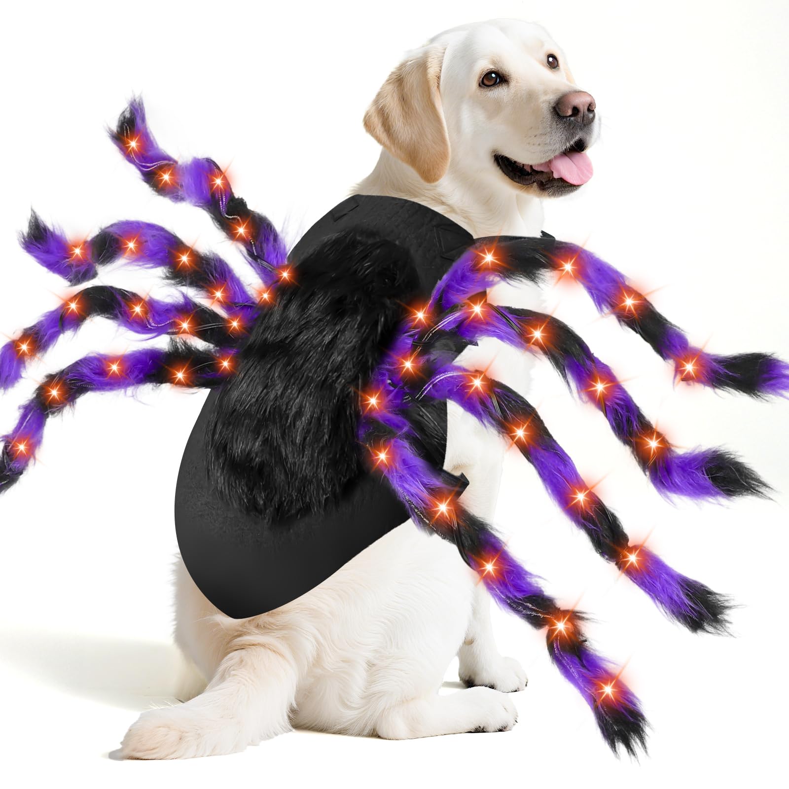 Camlinbo 24 LED Spider Dog Halloween Costume for Small Medium Large Dogs, Furry Spider with LED Lights Puppy Pet Costume Outfits Clothes Funny