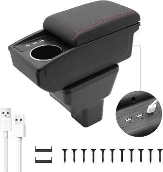 YJYWZH Car Armrest Storage Box for Nissan Almera Versa 2020-2024 Double Layer Car Center Console Organizer Armrest Box with 6 USB Ports and Cup Holder Car Interior AccessoriesRed Thread