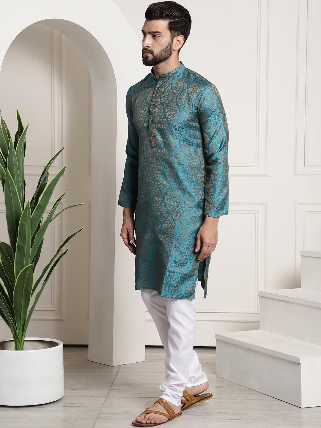 Sojanya (Since 1958 Men's Silk Blend Teal Blue Self Design Kurta And White Churidar Pyjama Set