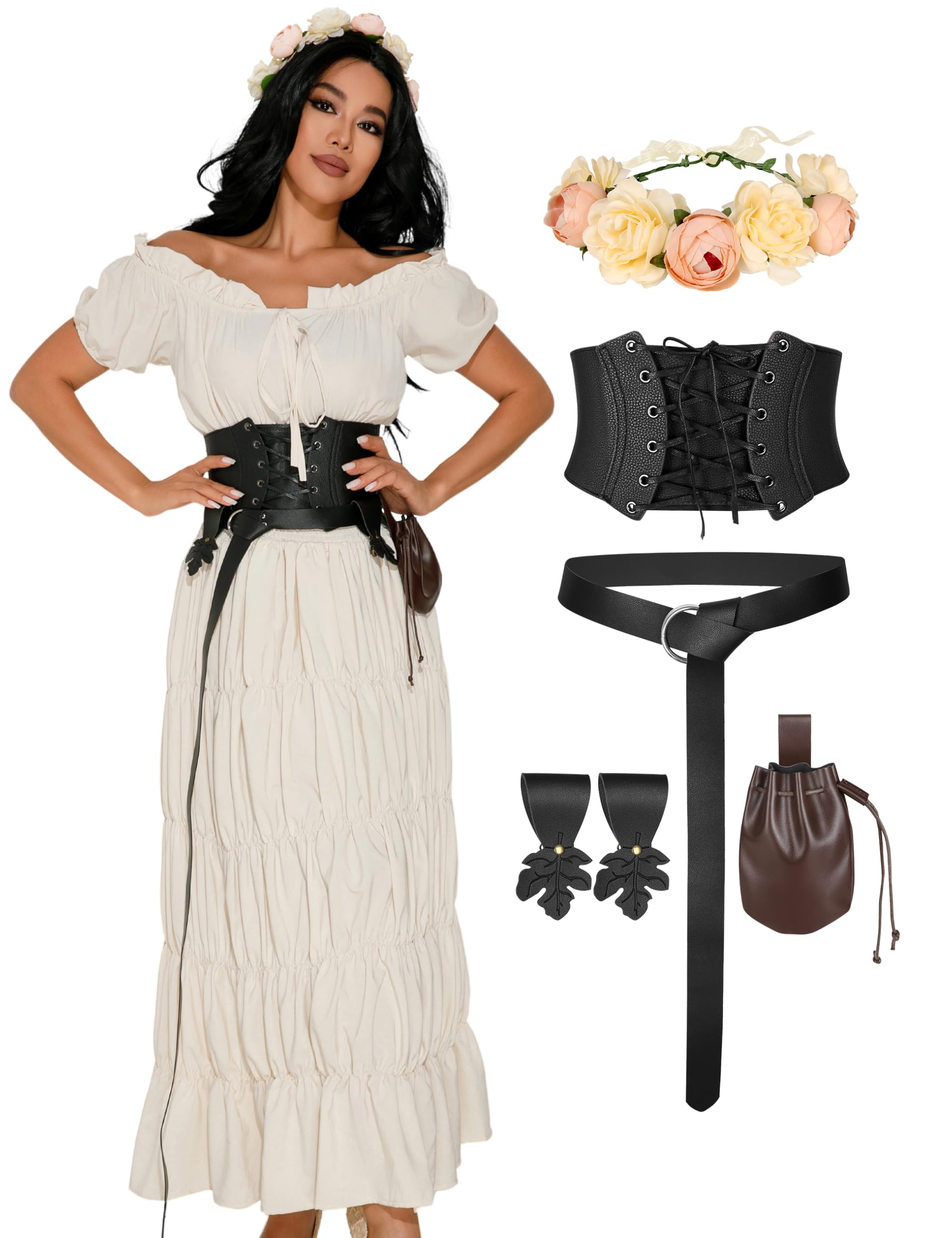 GERVAISE Womens Renaissance Costume Medieval Fairy Dress Victorian Irish Outfits 7pcs (Beige, X-Large)