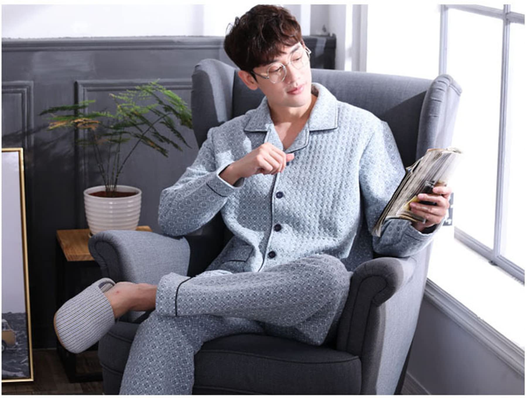 Conjunto De Pijama Clásico A Cuadros para Hombre Traje Acolchado De Talla Grande Ropa De Casa De Algodón De Manga Larga Conjunto Grueso PIS De Invierno