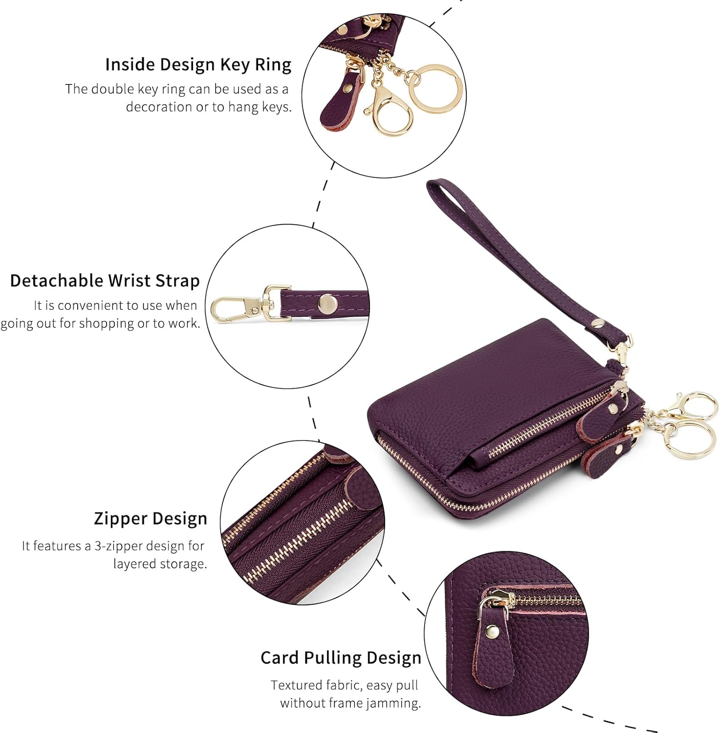 SENDEFN Women's Small Wristlet Coin Pouch Genuine Leather 3 Zippers Purse with Keychain - Image 3