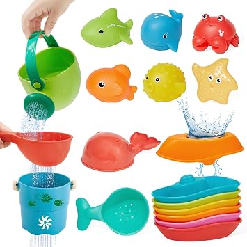 Baby Bath Toys for 1 2 3 4 Year Olds - 16PCS Mould Free Toddler Bath Toys Bathtub Water Play Swimming Pool Toys No Mould Watering Can Bucket Bath Boats Spoons Set with Storage Bag for Boys Girls