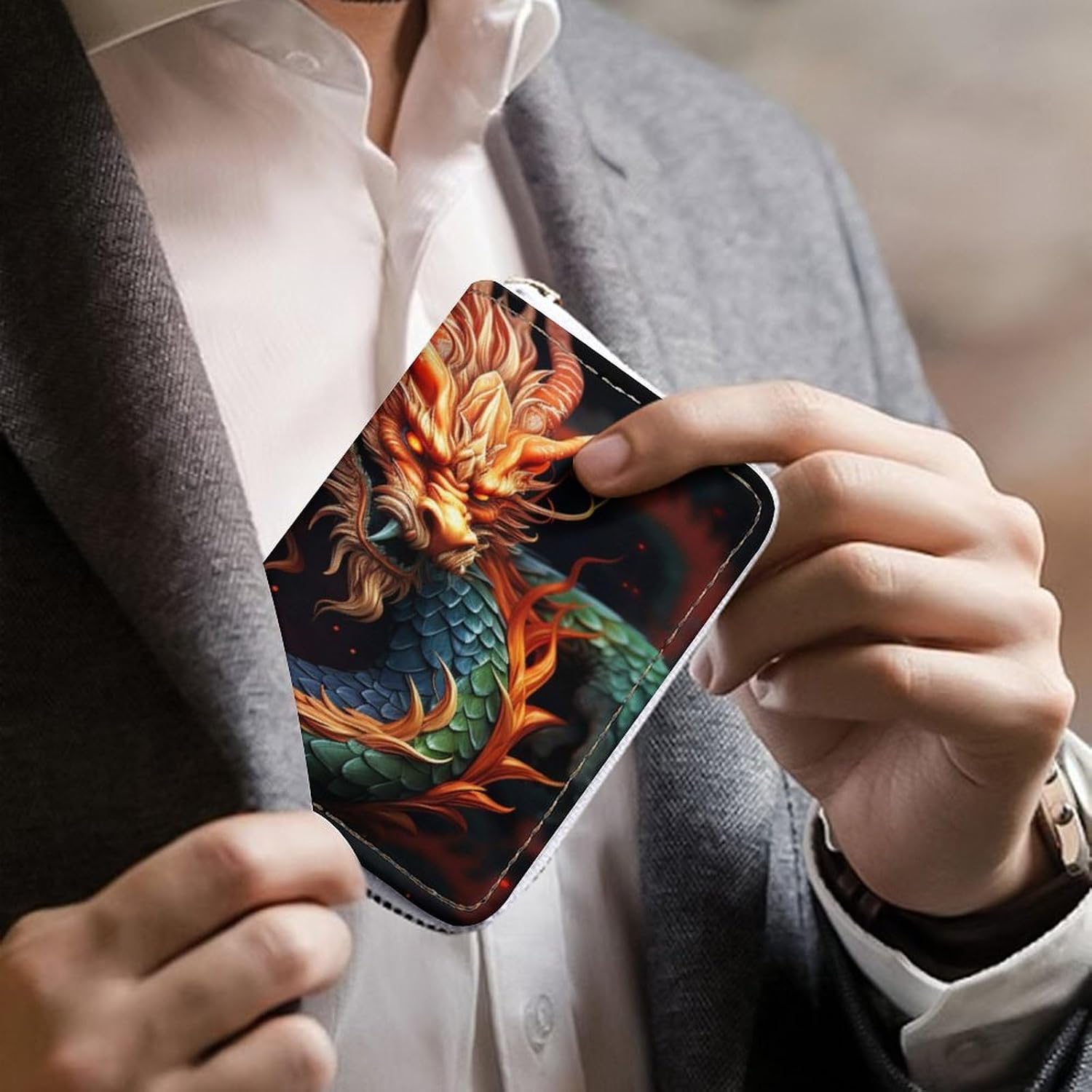 Leather Card Organizer Case Card Wallet Credit Card Holder Chinese Dragon Printed Zipper Card Cases Holder for Women Men