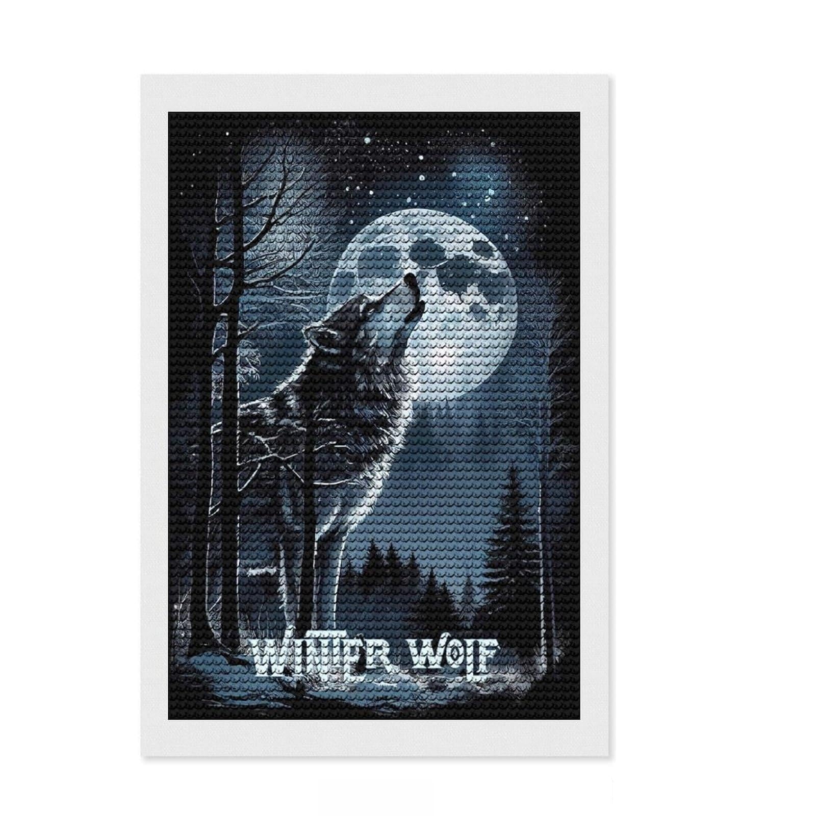 Junmoney Winter Wolf DIY Diamond Art Canvas Kit 8"x12", Satisfying Creative Project, Mindful Craft Activity, Cosy Home Accent, Gift Idea