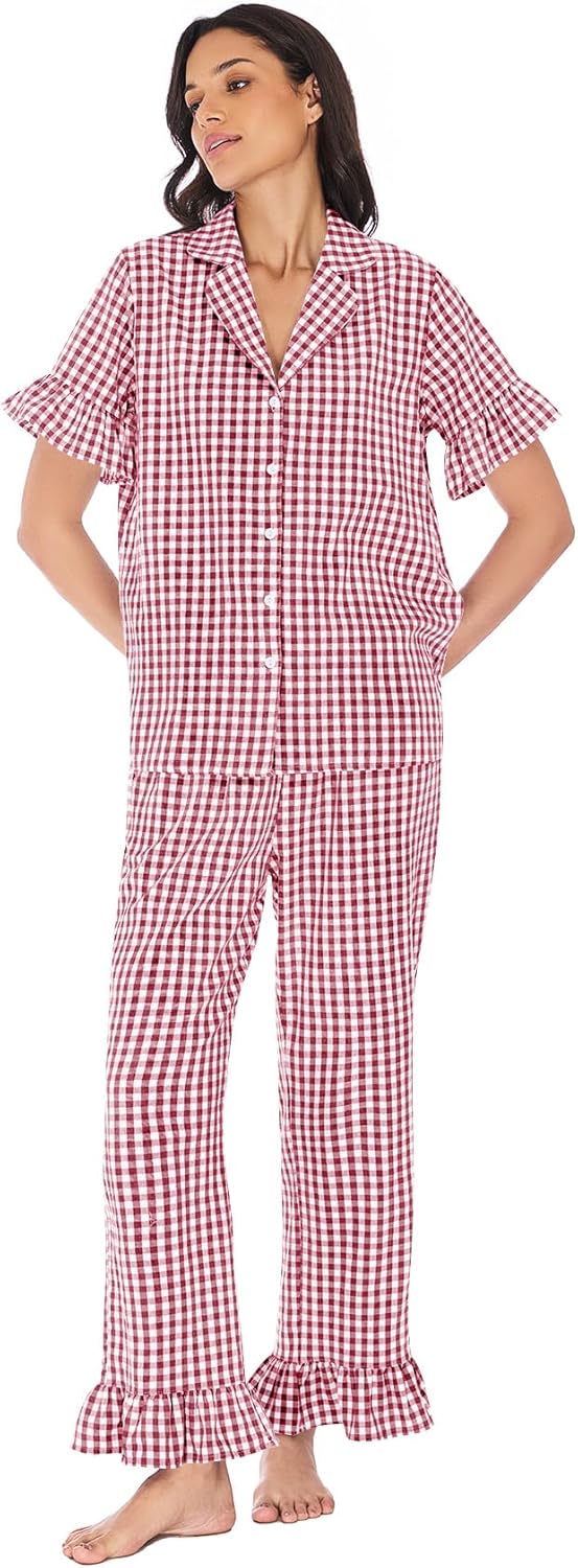Kissonic Women Plaid Pajamas Sets 2 Piece Cotton Button Down Short Sleeve Shirt Ruffle Pants Gingham Pjs Lounge Set - Image 2