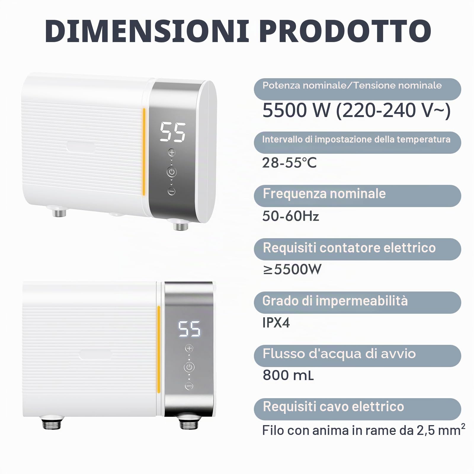 Scaldabagno elettronico da cucina, 220 V, 5500 W, mini scaldabagno senza serbatoio con indicatore di temperatura LED, elettrico istantaneo, piccolo scaldabagno (bianco)