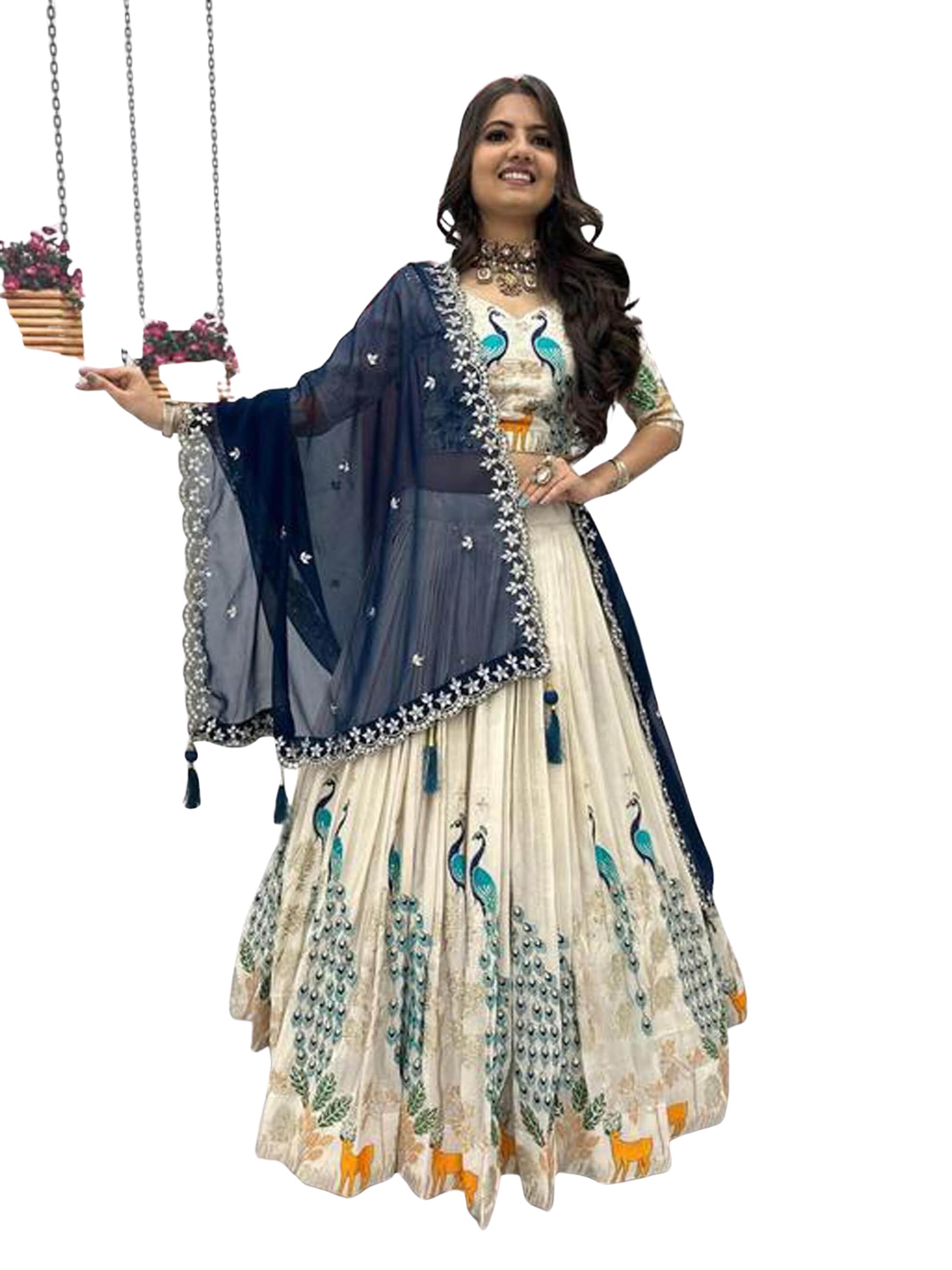 Women's Vichitra Silk Embroidered Semi Stitched Lehenga Choli With Dupatta