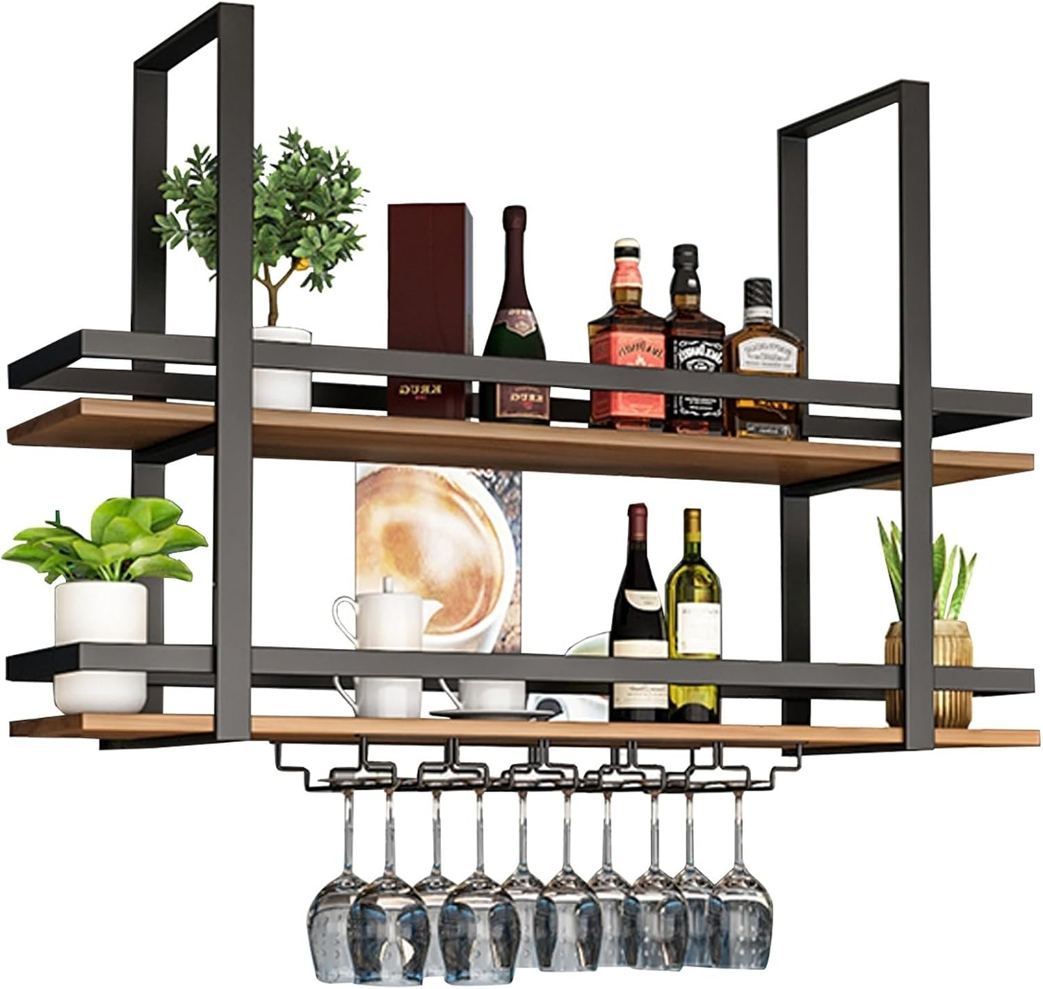 Wall Mounted Wine Racks Metal, Modern Ceiling Glass Bottle Holder Hanging Glass Storage Rack, Floating Bar Shelves Iron Plant Display Staorage Shelf for Restaurant Hotel Black(60x3
