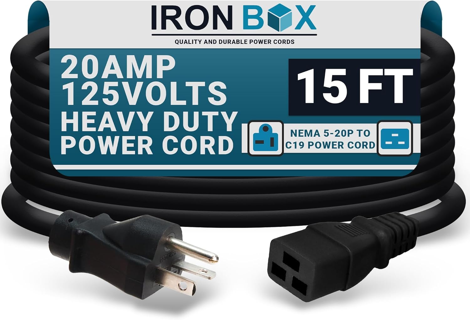 IronBox Electric 5-20P to C19 Power Cords - 20A,125V,12/3 SJT - UL Listed Extension Cable Adapter - Power Supply Cables - Heavy Duty Plug and Cord for Computer, PDU, Data Centers & More (15ft, Molded)