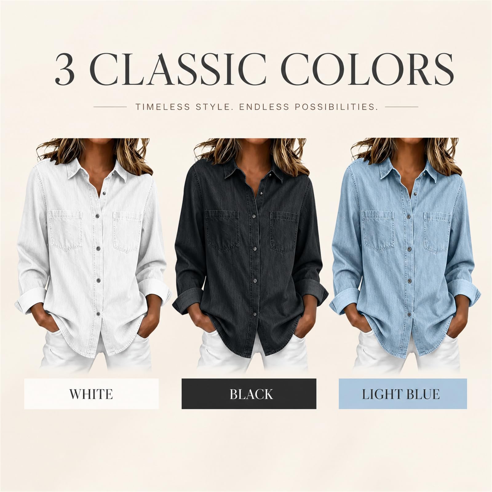 Camicia da donna in denim con bottoni, a maniche lunghe, leggera, in | Morbido tessuto denim leggero con vestibilità comoda e design con bottoni e tasche funzionali sul petto