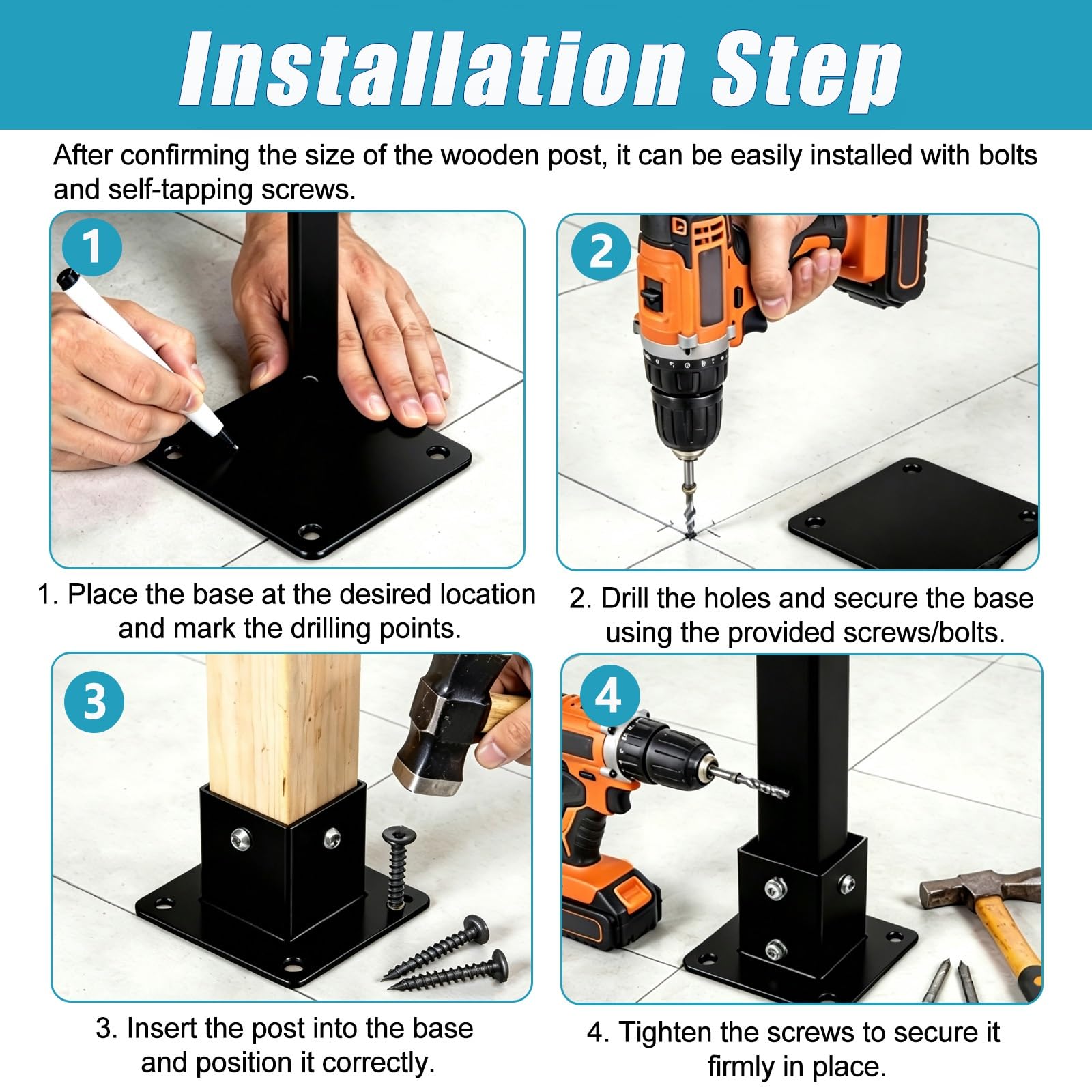 4 Pack Soporte poste gazebo negro con pintura polvo kit montaje | Soporte de poste resistente y resistente al óxido buzones/cubiertas/herrajes construcción exteriores(71x71mm/2.8x2.8")