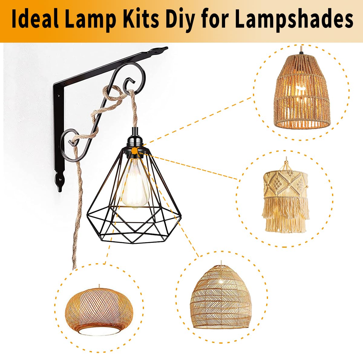 Linterna colgante de extensión envuelta en ratán, lámpara colgante enchufable con cordón de cáñamo, 15 pies, compatible con lámpara de tela vintage E26/E27, ideal para decoración de estilo 4