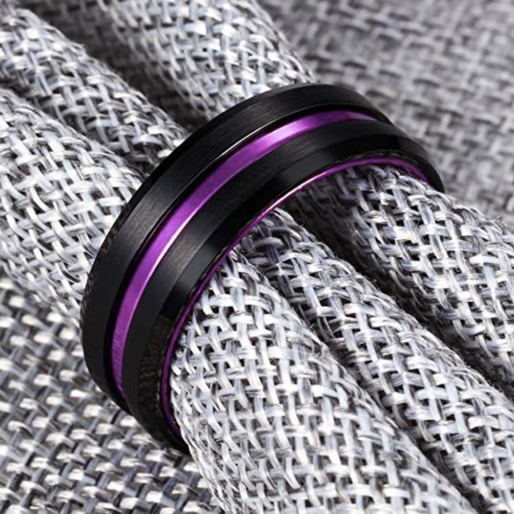 (8mm) Unisex or Men's Black and Purple Groove Line Matte Finish Tungsten Carbide Wedding Ring Band with Beveled Edges.