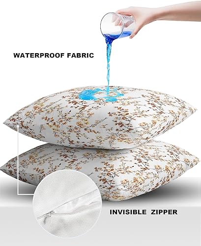 Miniatura 3 de Paquete de 2 fundas de almohada cuadradas de 18 x 18 pulgadas, funda de cojín impermeable con textura floral amarilla y marrón para sofá,