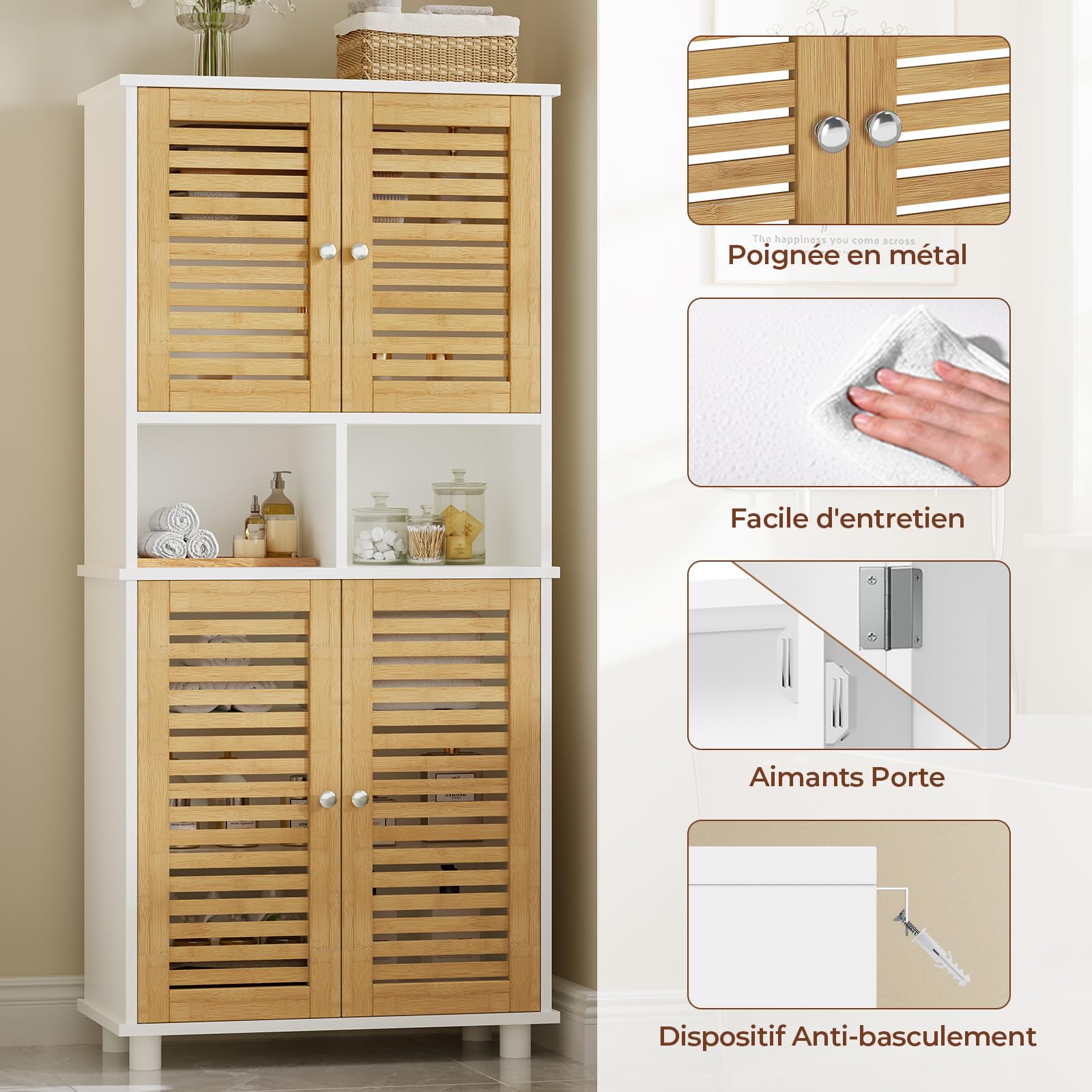 Mobile Alto da Bagno con Ripiani Regolabili, Mobiletto Bagno con 4 Ante in Bambù, Mobiletto Cucina Salvaspazio con 2 Scomparti Aperti, Mobiletto Multiuso per la Cucina, 60x30x128 cm