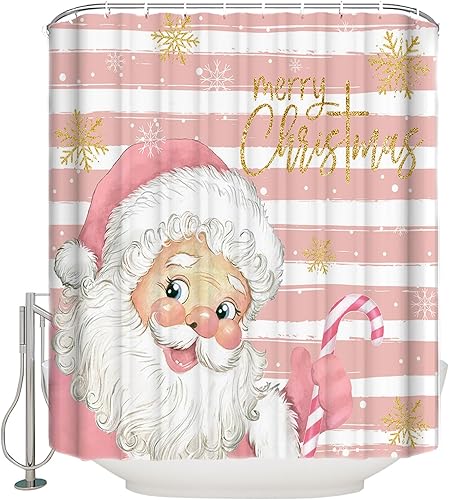 Vista 2 de Cortina de ducha de Navidad, diseño de copos de nieve dorados, impermeable, tela de poliéster de Navidad, decoración de baño de rayas rosas