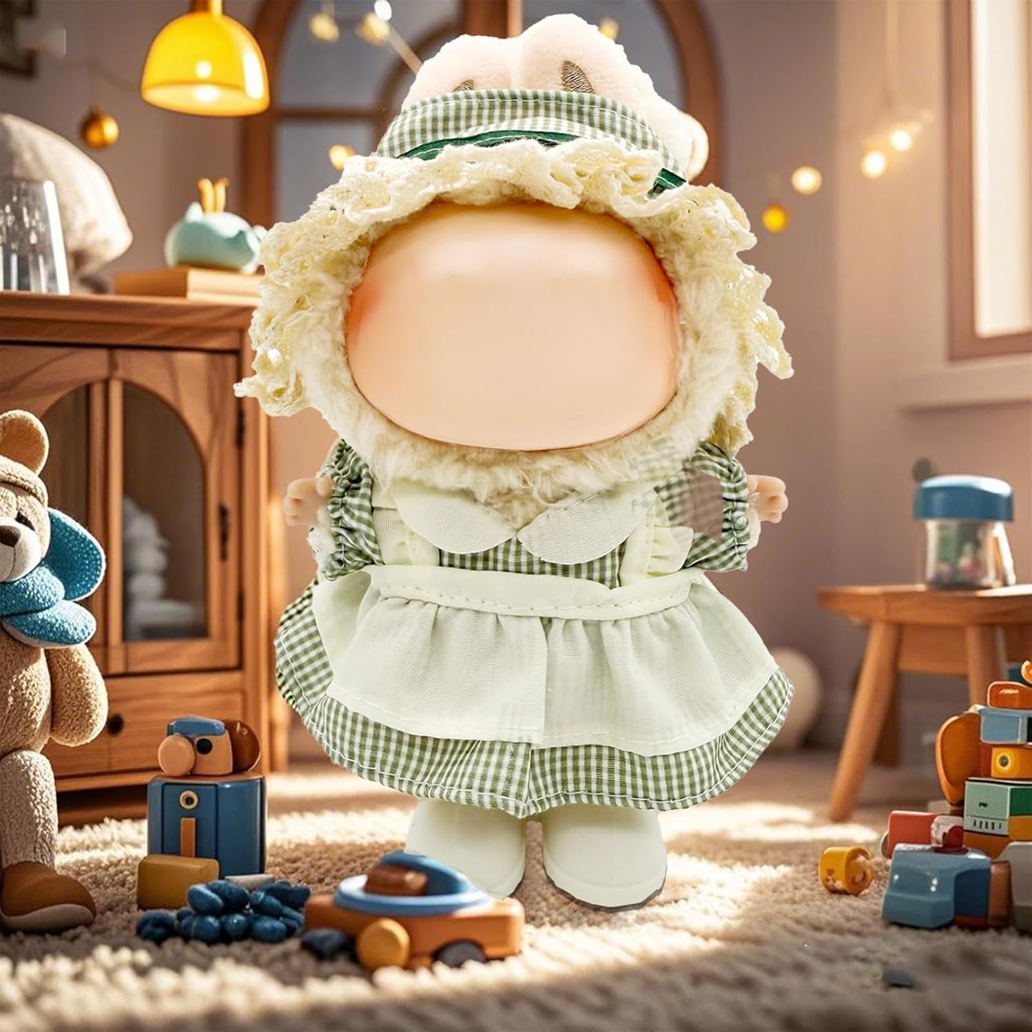 Clothes for Labubu - 3PC Set with Shoes for 6.7 Inches Doll, Premium Outfit with Accessories, Stylish Clothes for Labubu (NO Doll)(Green Plaid)