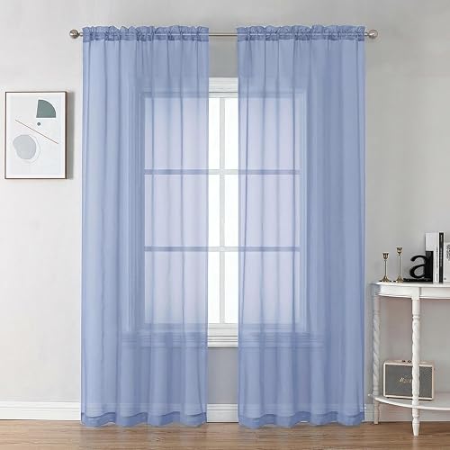 Chyhomenyc Sheer Curtains 84 Inches Long 2 Panels Set - Light Filtering Soft Airy Window Curtains, Rod Pocket for Living Room Bedroom Window Drapes, 42Wx84L Inch, Denim Blue - Denim Blue - 42"W x 84"L (Pack of 2)