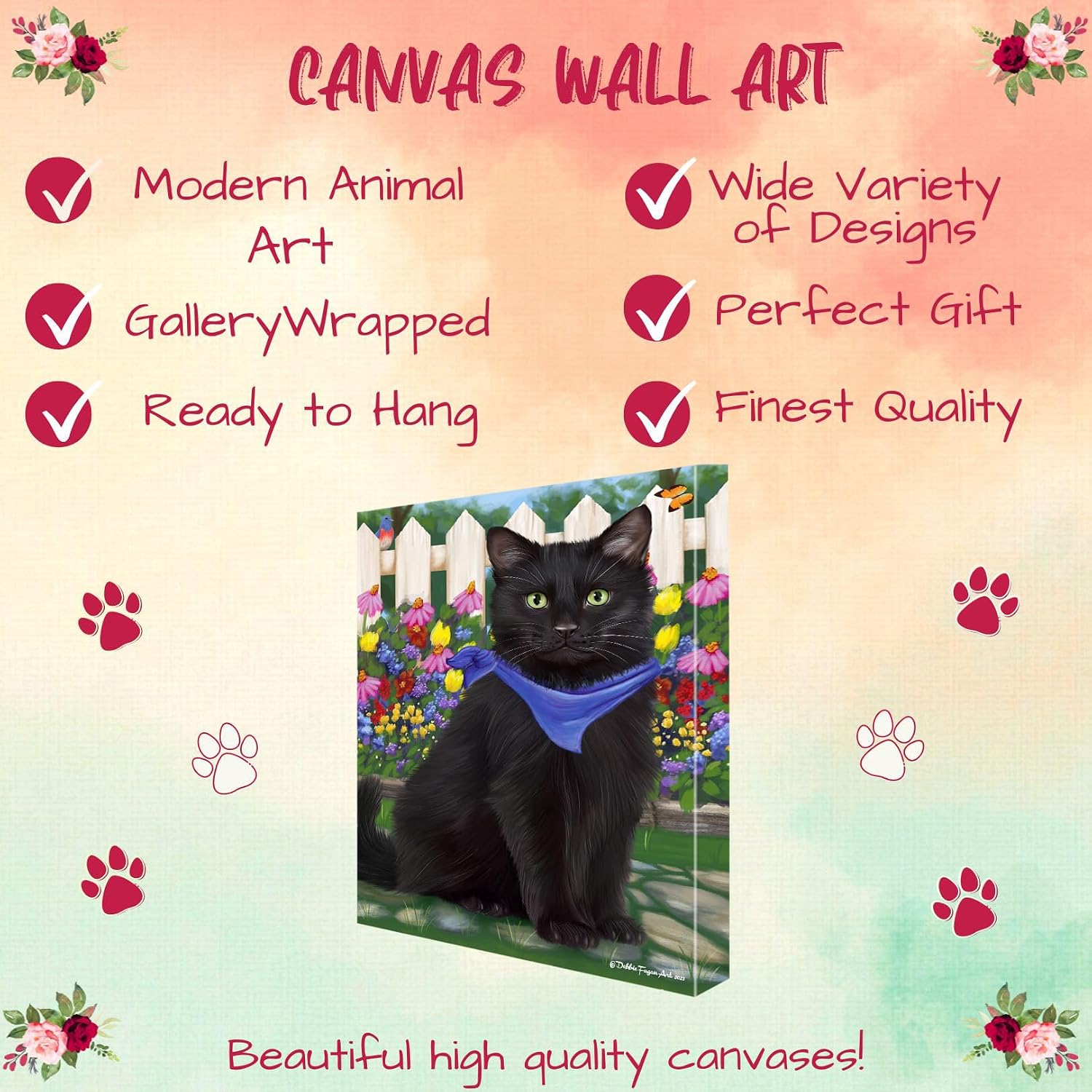 Spring Floral with Black Cats Canvas Wall Art - Premium Quality Ready to Hang Room Decor - Pecan Floating Framed 16" x 16"
