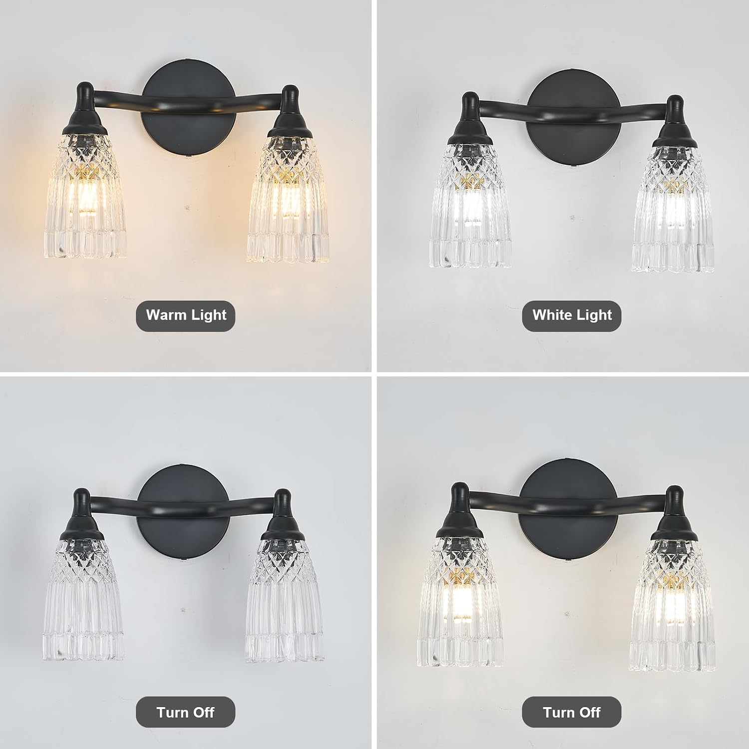 HDDFL Black Bathroom Light Fixture Modern Vanity Lighting 2 Lights Glass Wall Sconce for Bedroom Bath Living Room Hallway