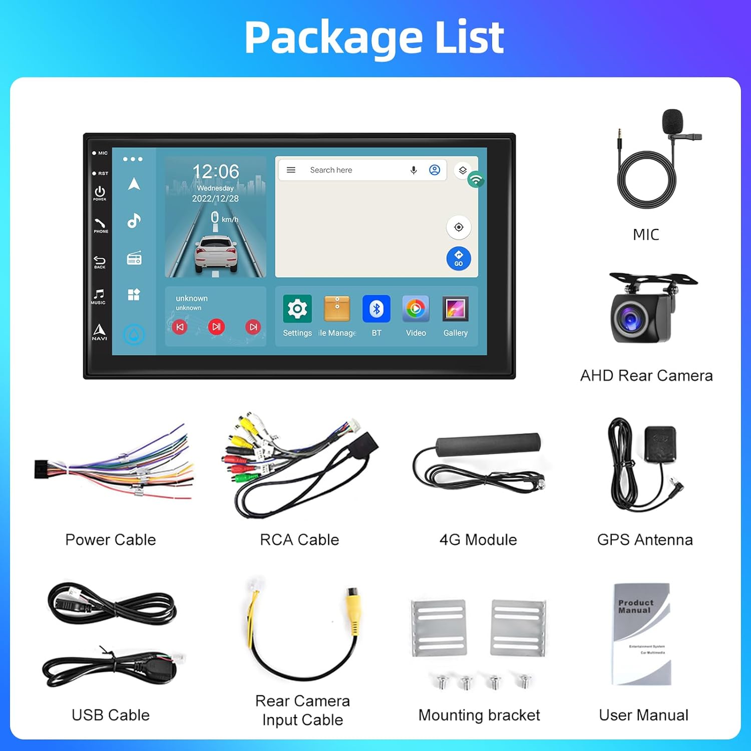 Diagram showing all components included in the Podofo car stereo package