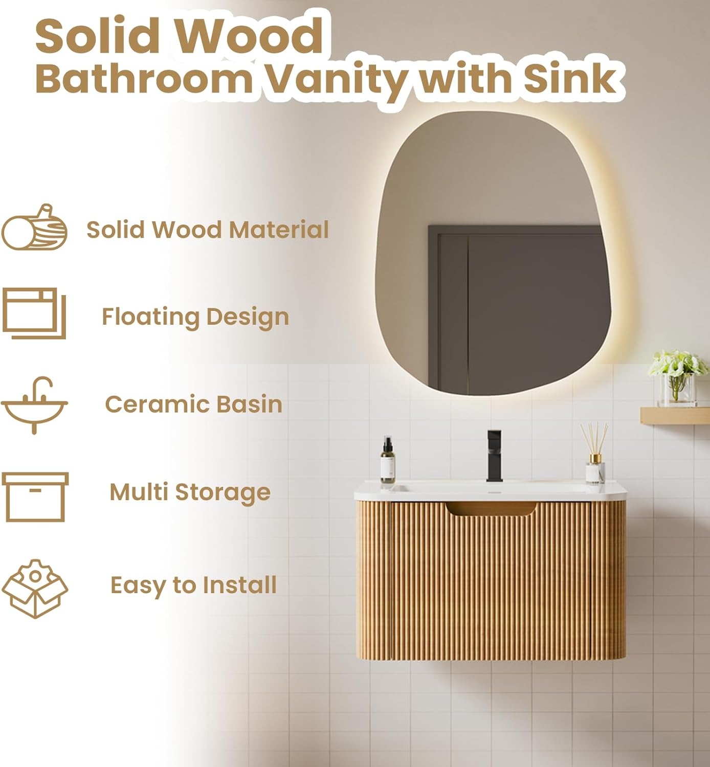 Floating Bathroom Vanity with Sink, Nature Soild Wood Cabinet with Ceramic Basin, Extra Large Storage Drawer & Pre-Assembled Vanities for Bathroom, Powder Room (Nature A Style, 24")