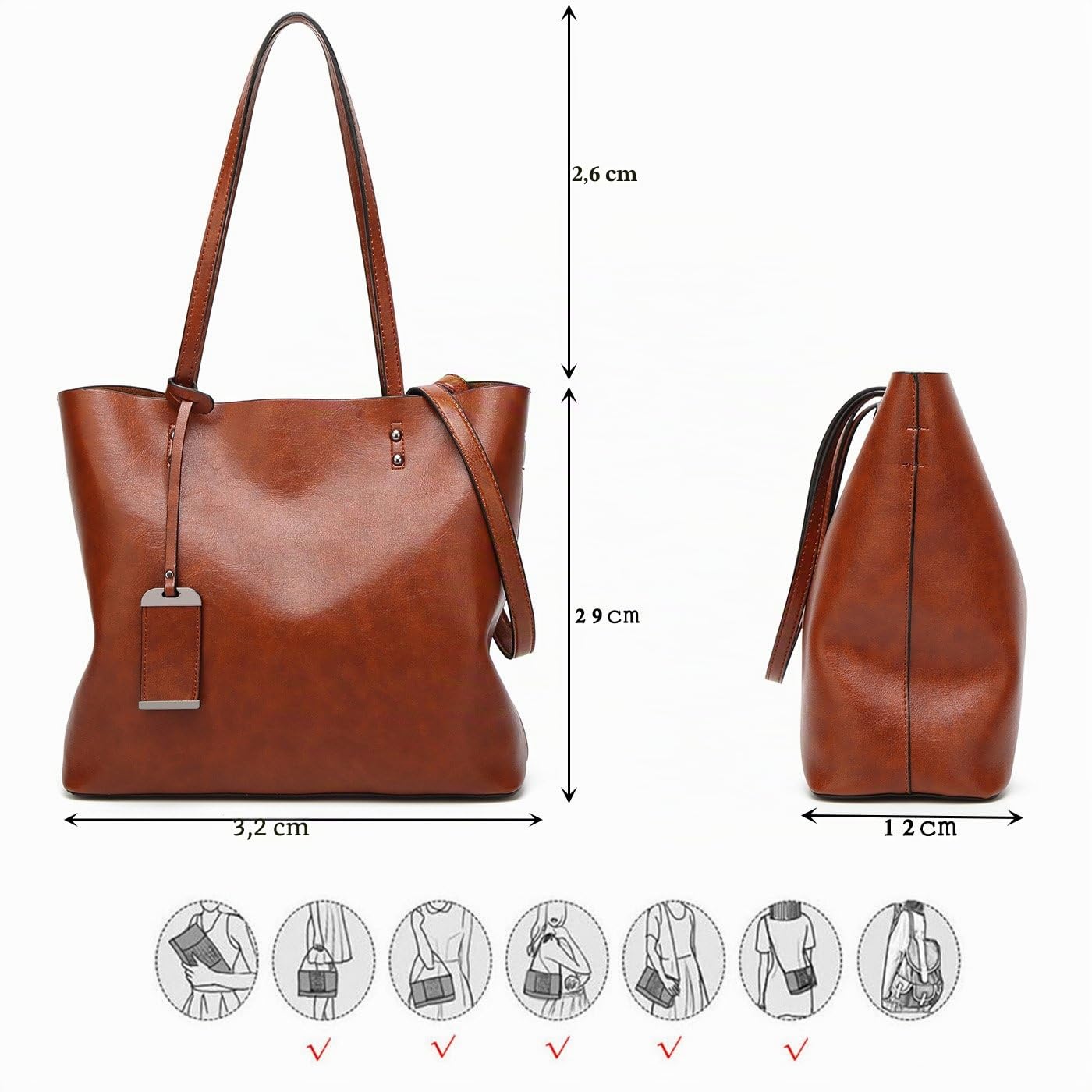 Coolives Tote - Borsa a tracolla in pelle PU, da donna, verticale, con tracolla damasco