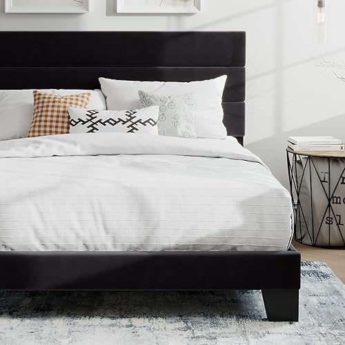 Miniatura 8 de SHA CERLIN Queen Platform Bed Frame with Velvet Upholstered Headboard, Mattress Foundation with Strong Wooden Slats Support, No Box Spring Needed