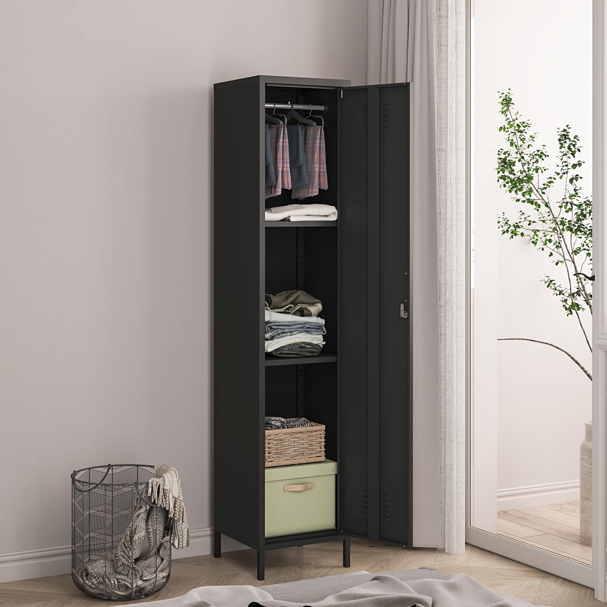 [en.casa] Armario Ropero Seinäjoki Guardarropa Armario Metálico de Oficina con 1 Puerta y 2 Estantes para Taller Vestuario Acero 180 x 38 x 38 cm - Negro