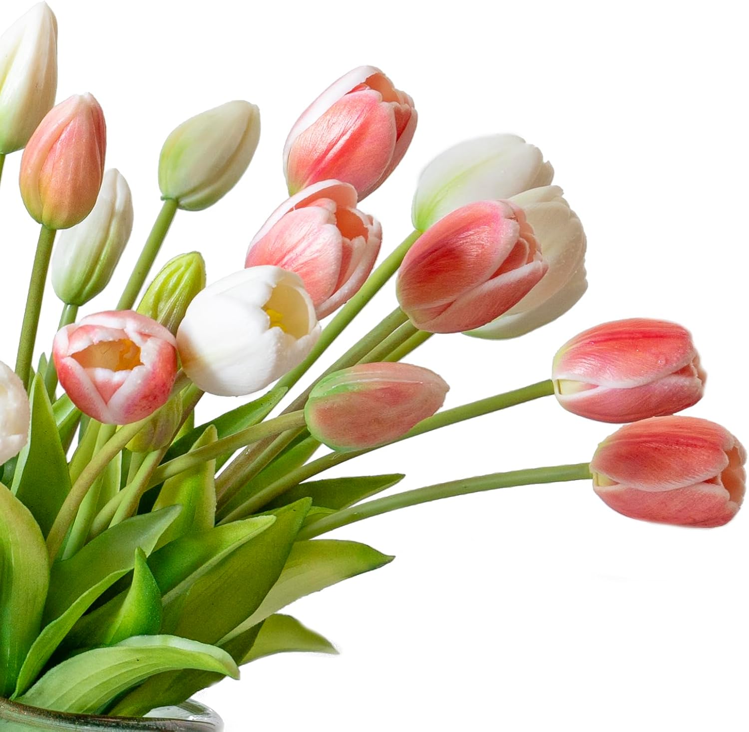 DUYONE 40pcs Artificial Tulips Flowers, Latex Bouquet, Fake Tulips for Office Wedding Party Home Kitchen Garden Decoration-B Coral Pink Suit