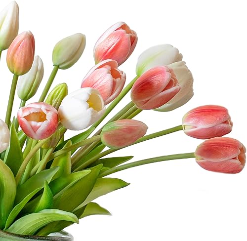 Miniatura 42 de 15 flores de tulipanes artificiales, ramo de látex de tacto real, tulipanes falsos para oficina, boda, fiesta, hogar, cocina, jardín