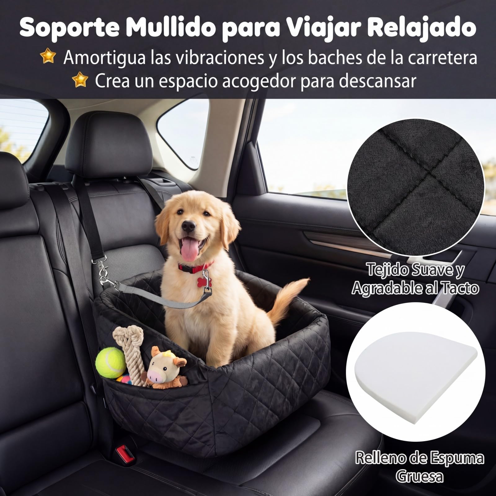 COSTWAY Asiento de Coche para Perros Pequeños y Medianos, Transportín Perro Coche con Correa de Seguridad, Bolsillos de Almacenaje, Base Antideslizante y Funda Lavable, 50 x 46 x 30 cm (Negro)