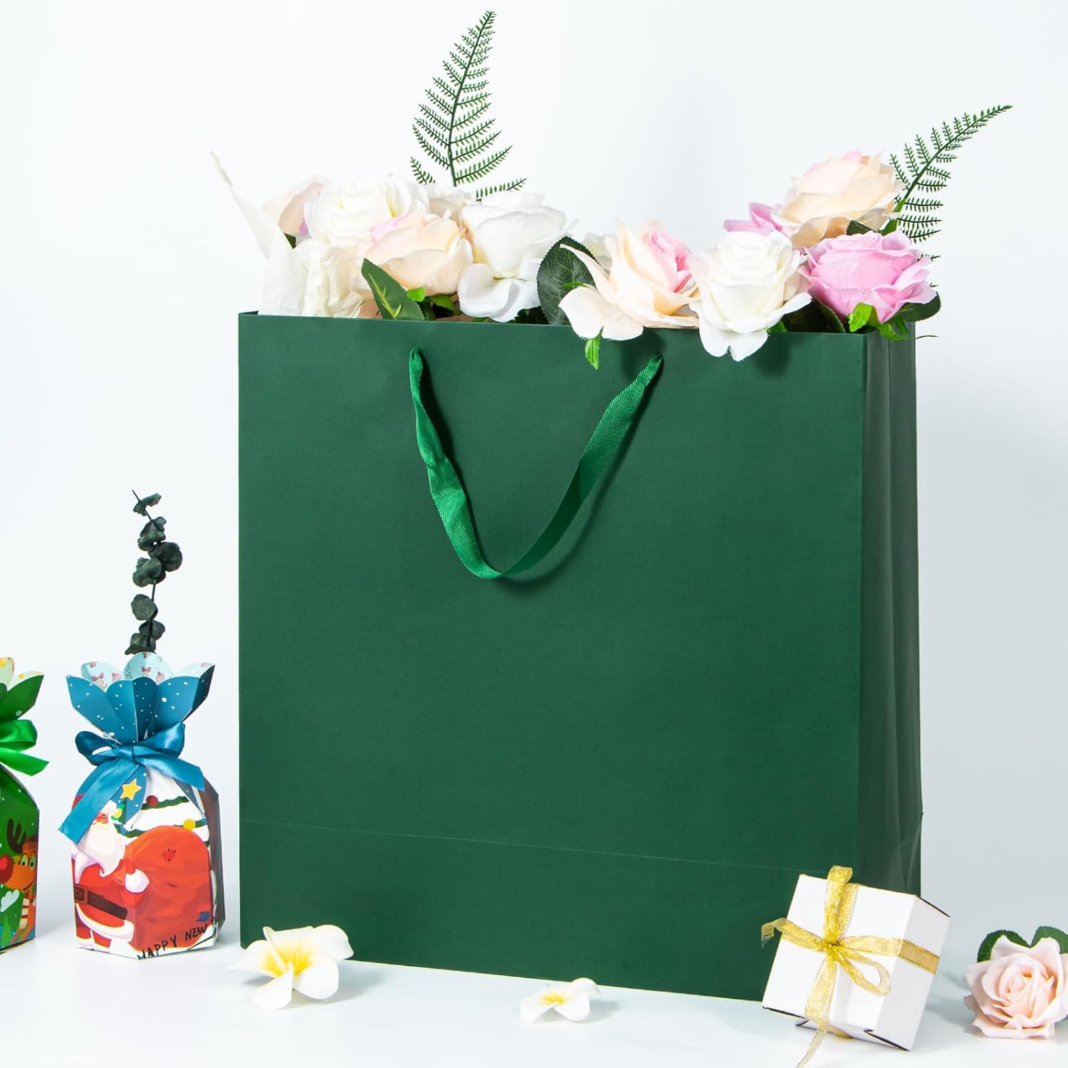 Umoofine Large Dark Green Gift Bag 12 Pack, 17x7x17 Inches Extra Large Kraft Gift Bags with Ribbon Handles, Reusable Heavy Duty Kraft Deep Green Paper Bags Bulk for Shopping, Wedding, Party, Gift