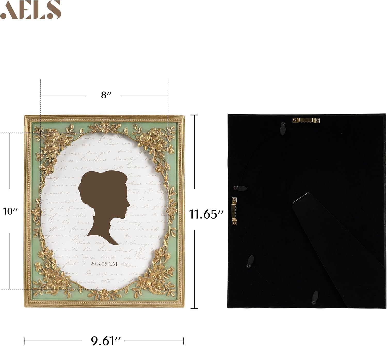 AELS 8x10 Inch Vintage Black Picture Frame, Elegant Antique Photo Frames with Glass Front, Photo Display, Tabletop Wall Hanging, Gift Ideas, Gold and Green