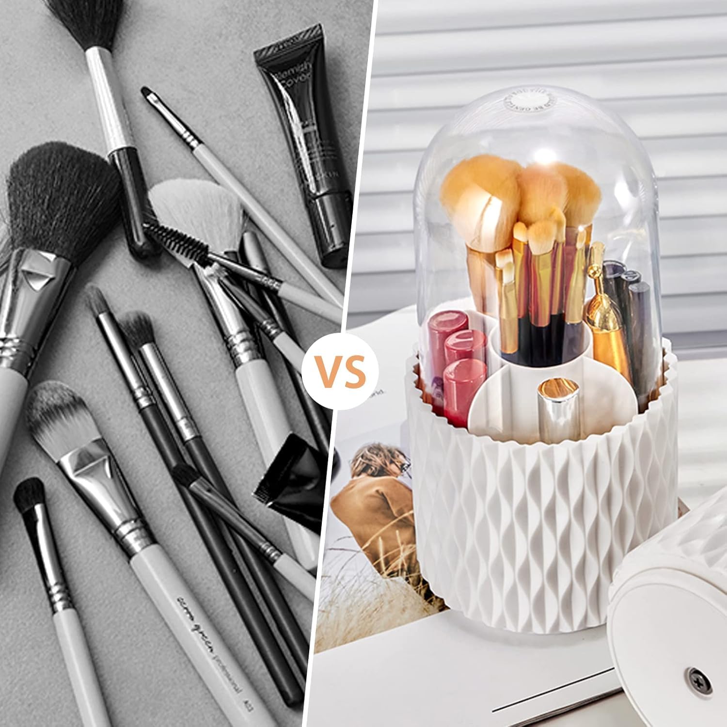 Withosent Porta Pennelli Make Up con Coperchio, 360° Rotante Organizzatore di Cosmetici con 5 Scomparti, Scaffale Organizer Trucchi per Pennelli Trucco, Ombre, Rossetti